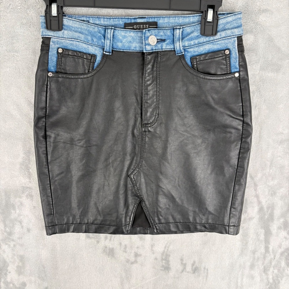 Guess Mini Skirt Womens 2 (Waist 26) Black Faux Leather Denim Waist Mixed Media